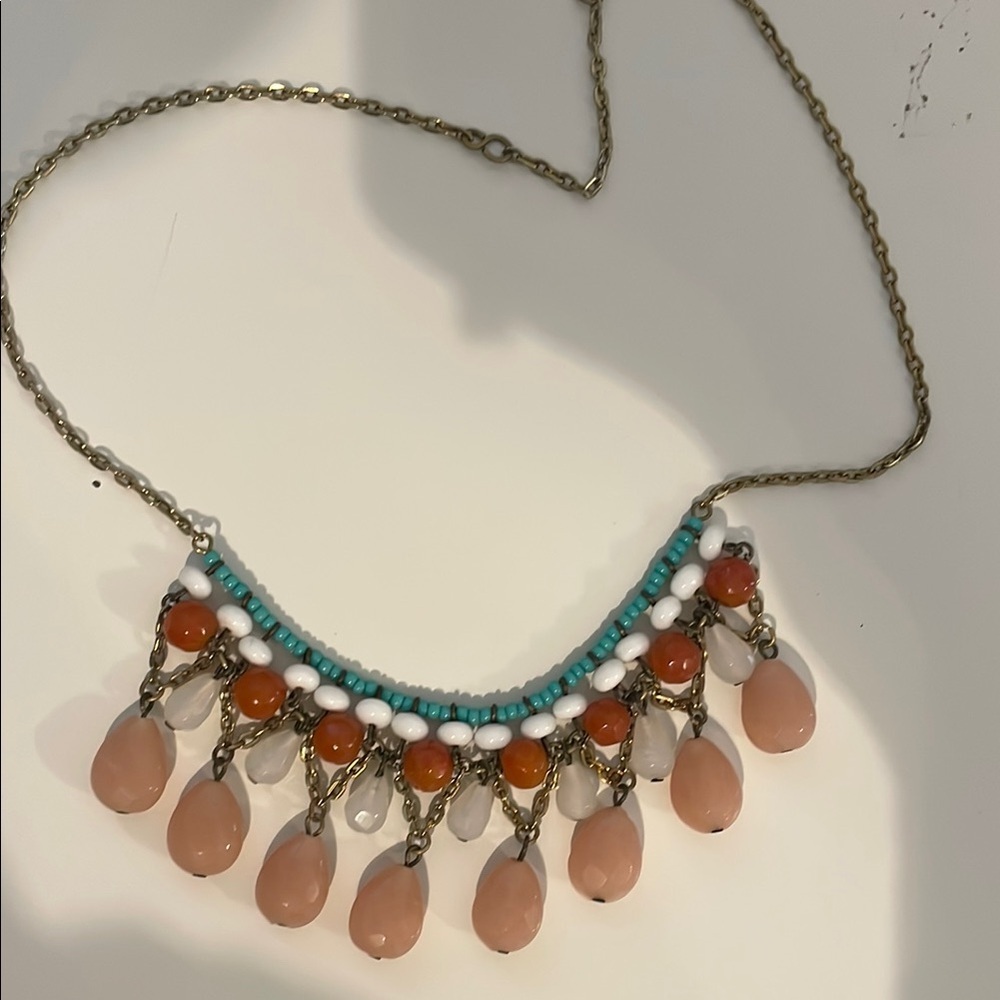 Orange and Blue Beaded Necklace with Teardrop Pendants